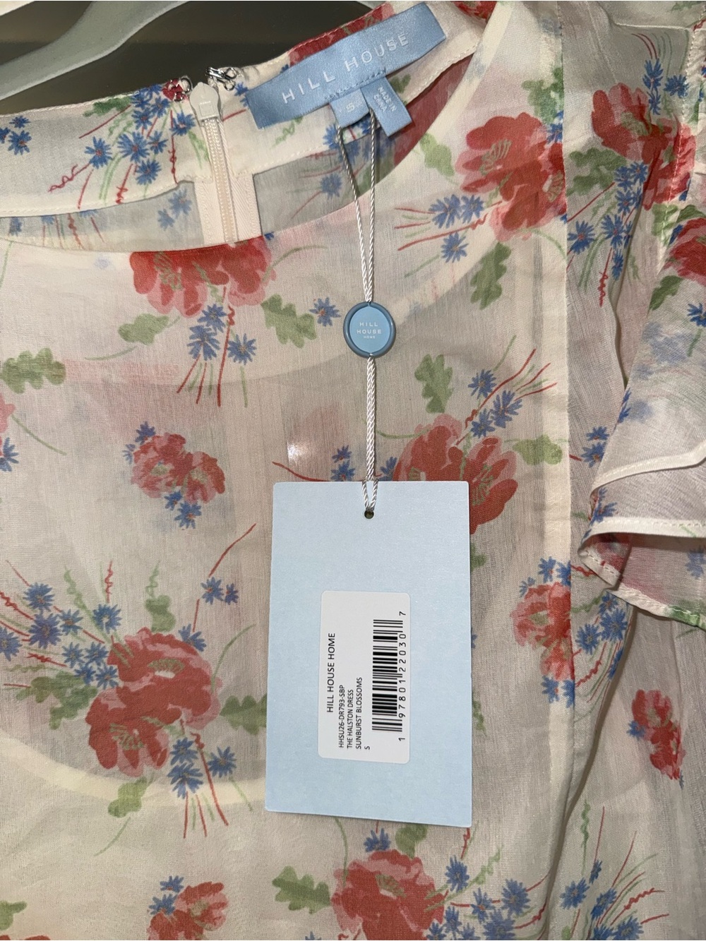 Hill House Halston Dress - Floral Maxi Dress in White with Coral & Blue Accents